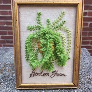 vintage boston fern hand crewel 5x7 gold framed needlepoint